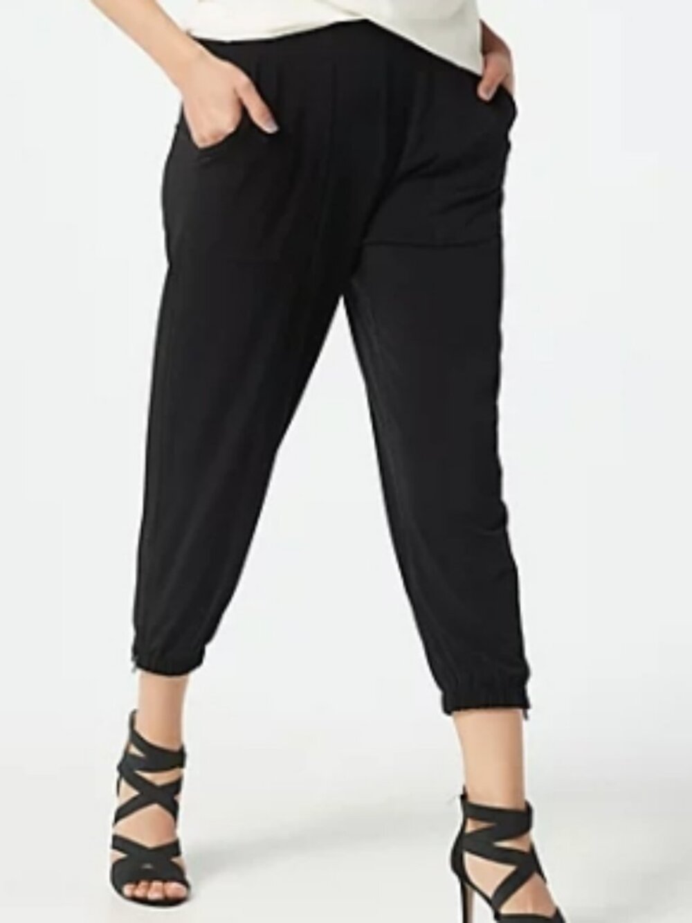 Lisa Rinna Cropped Black Joggers Sz L A287831 / QVC - Pull-On Zip Cuffs